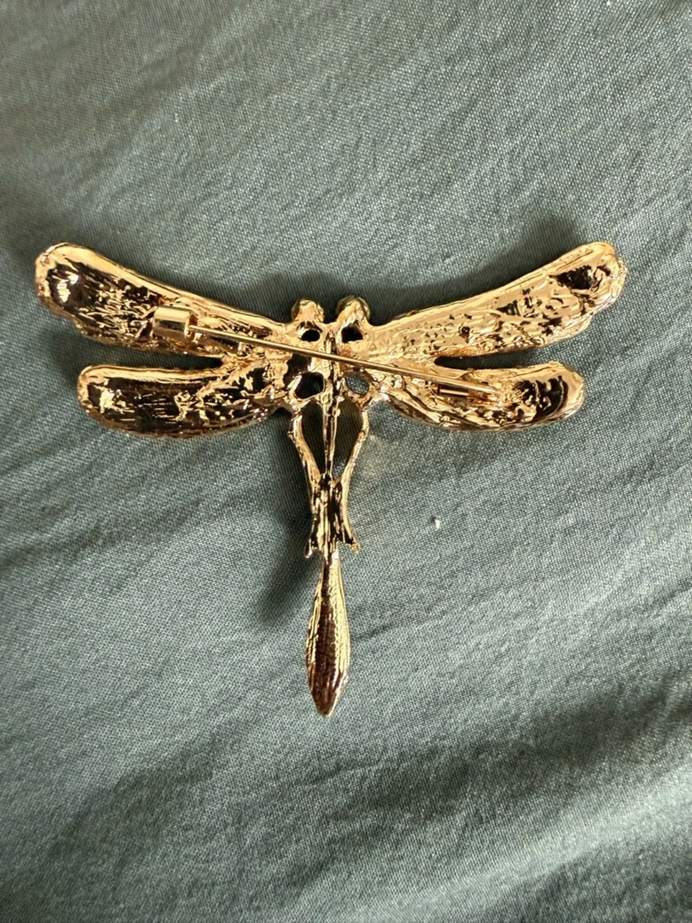 Green Enamel Dragonfly Brooch with Rhinestones